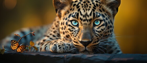 A close-up of a leopard with striking blue eyes lying down, with butterflies fluttering around, captured during golden hour.