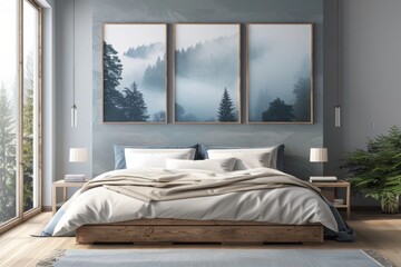 Three poster frames on the wall of the bedroom, in a minimalistic Scandinavian style. The bedroom has a wooden bed and side tables. 