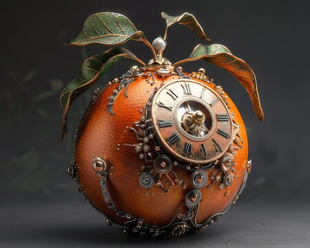 A mechanical orange with clockwork segments and metallic leaves, Steampunk, 3D, Earth tones, Detailed design