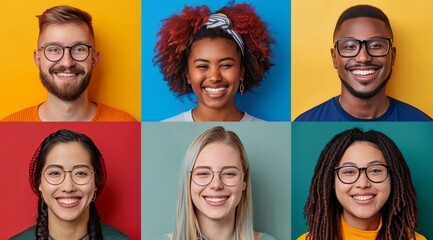 A grid of portraits showing diverse people smiling, each against their own colored background. The photos should be arranged in rows and columns to create an appealing composition