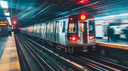 A bustling subway train departing from an underground station, illustrating the efficiency and convenience of mass rapid transit systems in urban areas.