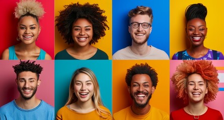 photo of various people smiling, each in their own square on the same background, with diverse skin tones and hair colors, in vibrant color blocks. Each person's portrait
