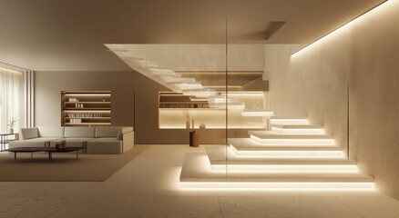 Staircase with glass balustrades and soft lighting, creating an elegant entrance to the living room...