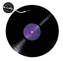 Black vinyl record with turntable arm isolated on white background