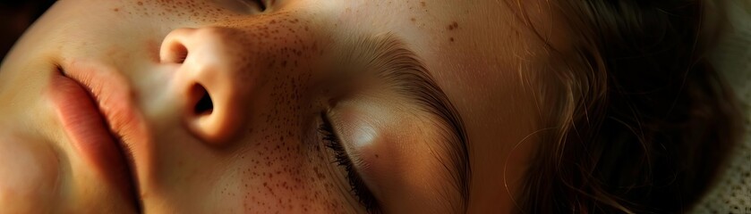 Naklejka premium Close-up of a child's face with freckles, peacefully sleeping with eyes closed, showcasing serene and calm expression.