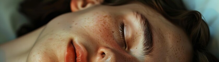 Fototapeta premium Close-up of a serene person sleeping peacefully with a soft expression, highlighting the tranquility and calmness of restful sleep.