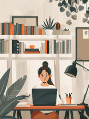 Fototapeta premium In a minimalistic home office environment, a female employee is seen conversing on a video call with colleagues, her back to the camera. Soft, cozy colors evoke a sense of comfort and tranquility,