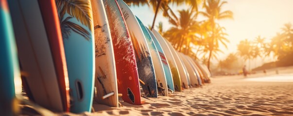 Colorful surfboards lined up on a sandy beach with palm trees and sunlight in the background. Tropical paradise setting.