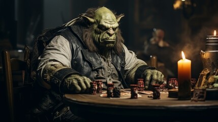Fantasy orc character sitting at a table playing poker in a dimly lit room with a candle. Dark, eerie atmosphere.