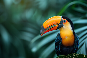 Obraz premium Toco Toucan with a striking orange and black beak, perched in a lush tropical setting, its vivid colors contrasting sharply against the dark green foliage background