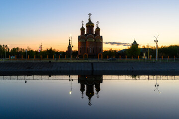 St. Nicholas Cathedral of the city of Aktobe at night. Kazakhstan