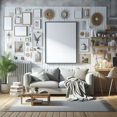 A Room with a mockup poster empty white and with a couch and a desk realistic card design art attractive art.