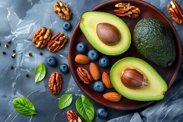 Ketogenic diet meal preparation female hands frying red plate with avocado, blueberry, nut, pecan, walnut on gray marble table High quality photo