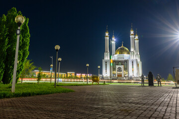 Mosque Nur Gasyr in the city of Aktobe at night. Kazakhstan.