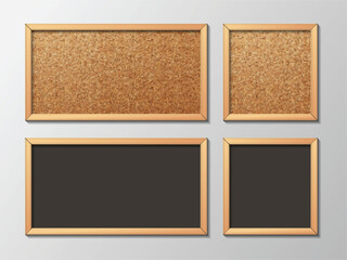 Isolated set of realistic vector cork board with wood frame and blackboard. Empty wall corkboard for school or office on transparent background.