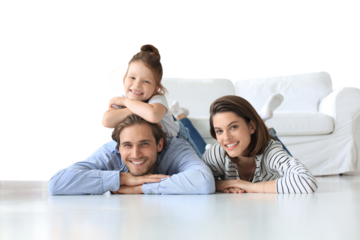 Young Caucasian family with small daughter pose relax on floor in living room, smiling little girl kid hug embrace parents, show love and gratitude on a transparent background