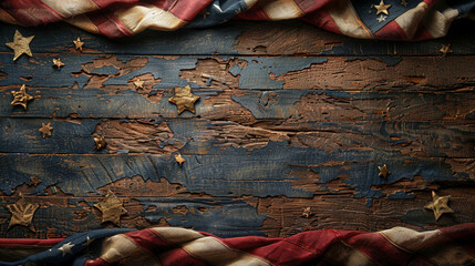 American flag on the wooden background with copy space.