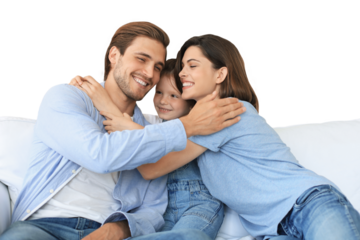 Positive friendly young parents with smiling little daughter sitting on sofa together while relaxing on a transparent background