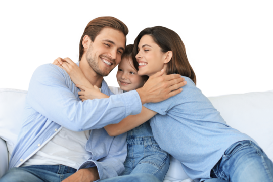 Positive friendly young parents with smiling little daughter sitting on sofa together while relaxing on a transparent background