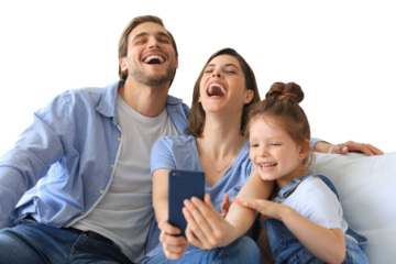 Beautiful young family with little child taking a selfie with a smartphone at home on the couch on a transparent background