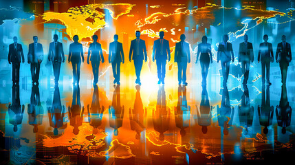Silhouettes of businesspeople superimposed on an abstract world map, symbolizing international connections