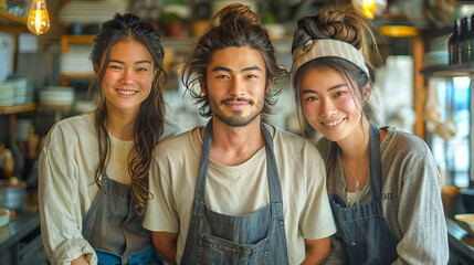 Team of artisan cafe workers smiling
