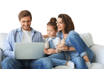 Positive friendly young parents with smiling little daughter sitting on sofa together answering video call on laptop and waving hand in greeting while relaxing on a transparent background
