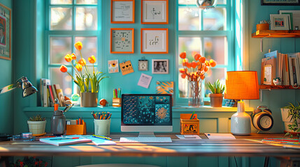 Cozy home office workspace with warm sunset light
