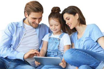 Positive friendly young parents with smiling little daughter sitting on sofa together answering video call on digital tablet while relaxing on a transparent background