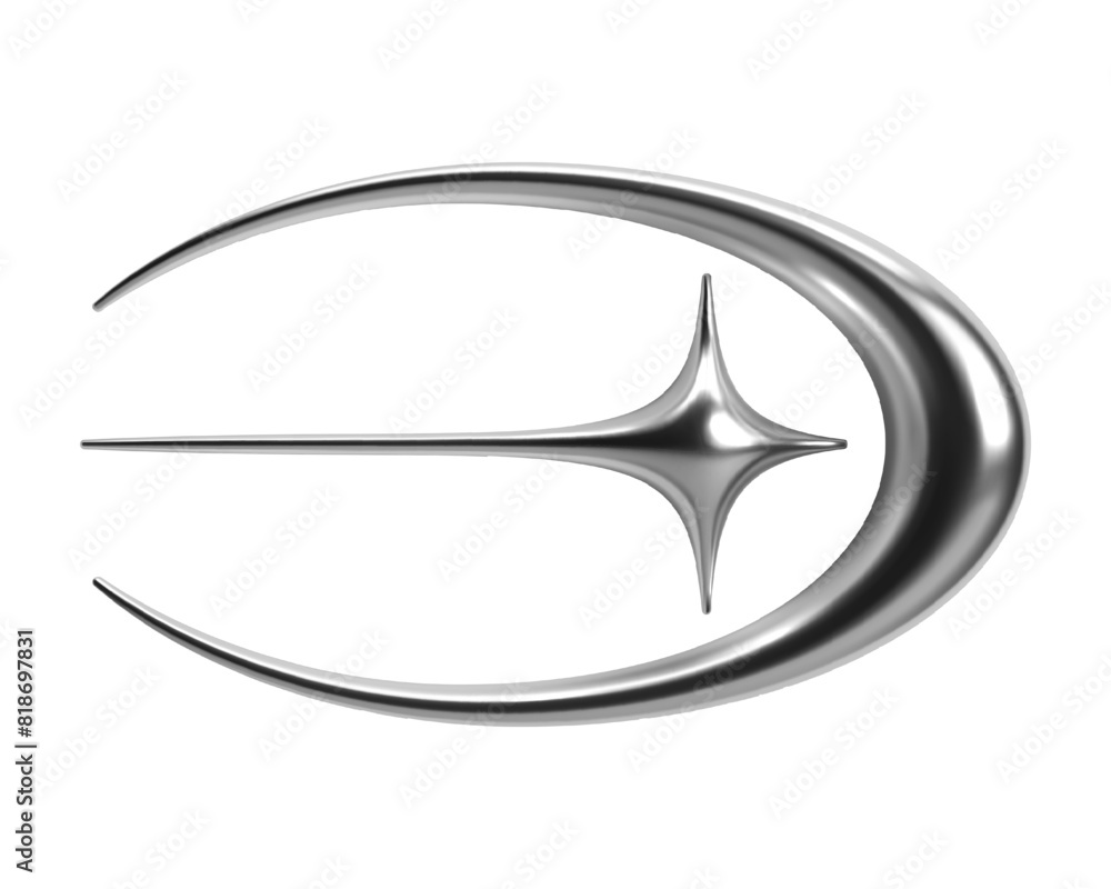 Poster 3d y2k chrome star and crescent with glossy shiny metallic surface. retro futuristic element in shap