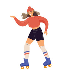 Joyful girl skater gliding on roller skates. Smiling female character in active motion, engaged in outdoor sports. Flat vector illustration isolated on a white background.