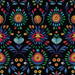 Seamless Mexican flower traditional pattern. Mexican ethnic embroidery decoration ornament. Flower symmetry texture. Ornate folk graphic, wallpaper. Festive mexican floral motif. Vector illustration.