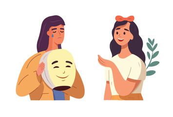 Unhappy person hiding real upset emotion Sad woman pretending happy, everything is okay. Feeling, disguised fake smiling mask. Flat graphic vector illustration isolated on white background.