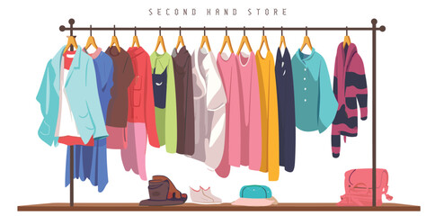 Iisolated colored flat vector illustration featuring a collection of secondhand clothes displayed on racks at a thrift store. The shop carries an assortment of leftover apparel.