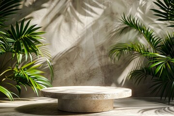 Obraz premium Artistic wooden podium stand with a smooth, unoccupied surface, complementing the natural elegance of a high-quality product.. Beautiful simple AI generated image in 4K, unique.