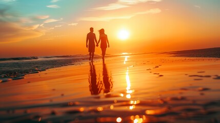 A couple holding hands during a romantic sunset walk on the beach, the warm glow of the sun reflecting their deep connection.