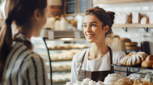 Smiling female baker talking to customer in bakery. Shelves filled with pastries and breads in background, warm and welcoming atmosphere