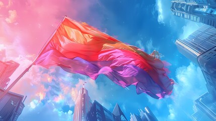 Triumphant LGBTQ Flag Unfurling Against a Futuristic Cityscape in a Vibrant Digital Painting
