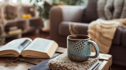 A cozy home setting with a mug of hot coffee and a book on a wooden table, inviting you to unwind and enjoy a moment of relaxation. - Powered by Adobe