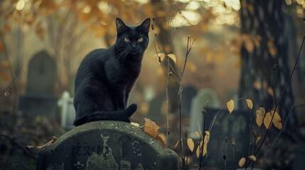Black cat perches on an old tombstone, eerie vibe.