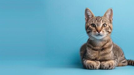 A gray and white striped cat poses on a blue backdrop.