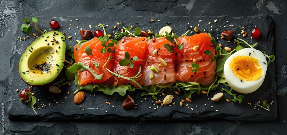 Wall mural The concept of a ketogenic low-carb diet. Healthy eating and dieting with salmon, avocado, eggs and nuts. View from above High quality photo - Wall murals