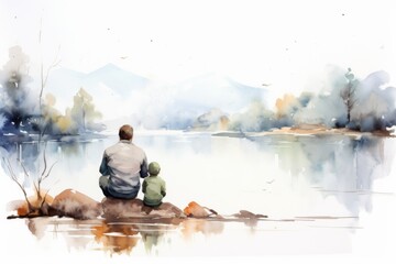 Water colour style painting of a father and son sitting and watching the beauty of a landscape