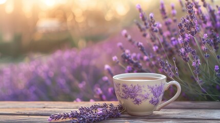 A cup of fragrant and floral lavender oil, displayed on a wooden surface with blooming lavender...
