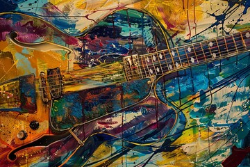 Blues: Deep, soulful hues and smooth, flowing lines capturing the emotive depth and melancholic beauty, with abstract guitars and harmonicas