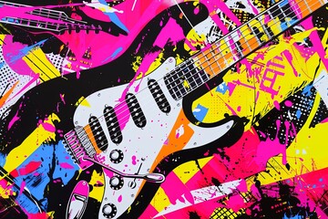 Bold, contrasting colors and sharp, angular shapes capturing the rebellious and energetic spirit of punk rock, with abstract guitars and safety pins