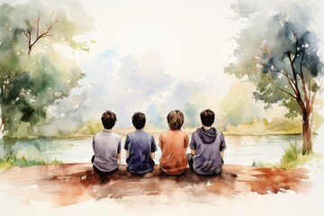 Water colour style painting of four friends sitting by the side a river
