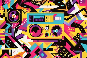 Geometric patterns and vibrant colors illustrating the high-energy and rhythmic essence of hip-hop music, with abstract boomboxes and graffiti elements