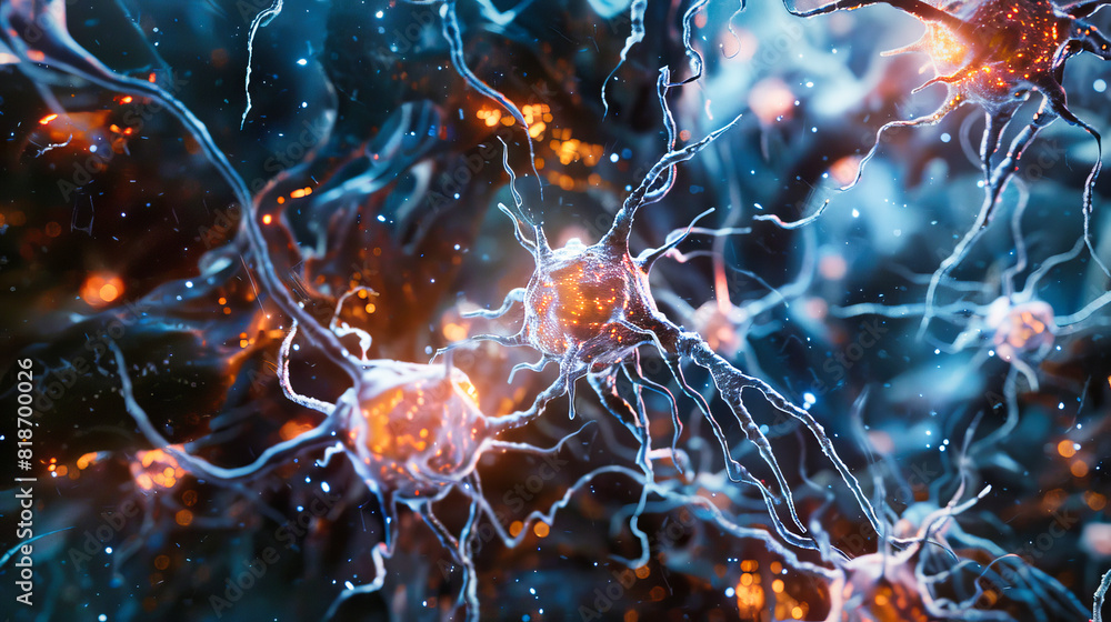 Poster a macro image of neurons brain cells against a dark background
