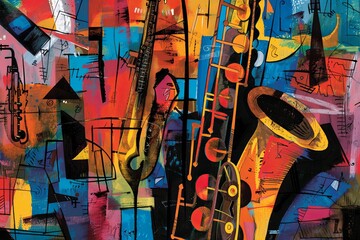 A surreal blend of shapes and vibrant hues representing the eclectic and improvisational nature of avant-garde jazz, with hints of abstract saxophones and cityscapes
